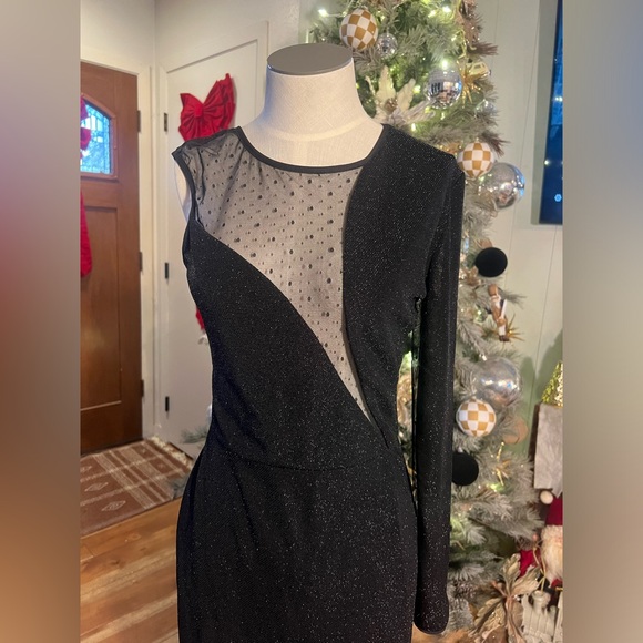 ABS Allen Shwartz Asymmetric V-Neck And Mesh Shimmer Evening Gown Dress Medium - Picture 2 of 7